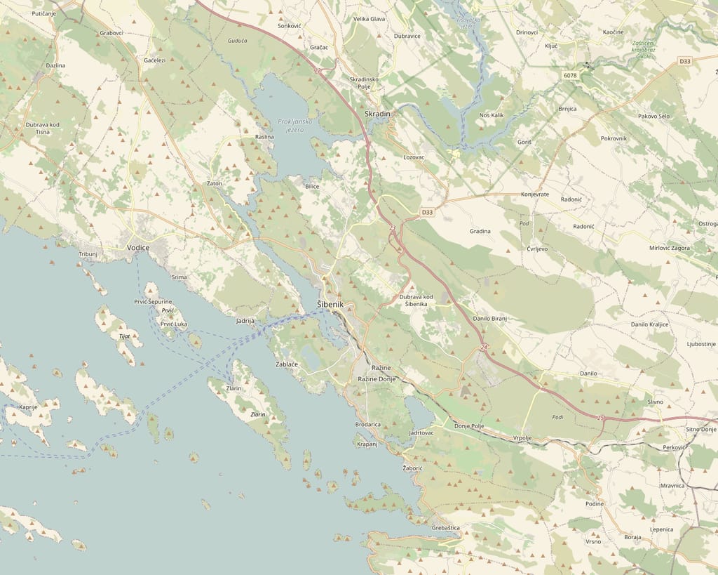 Map of the Šibenik area showing the villa in Dubrava, the town of Šibenik, the coast and Krka National Park