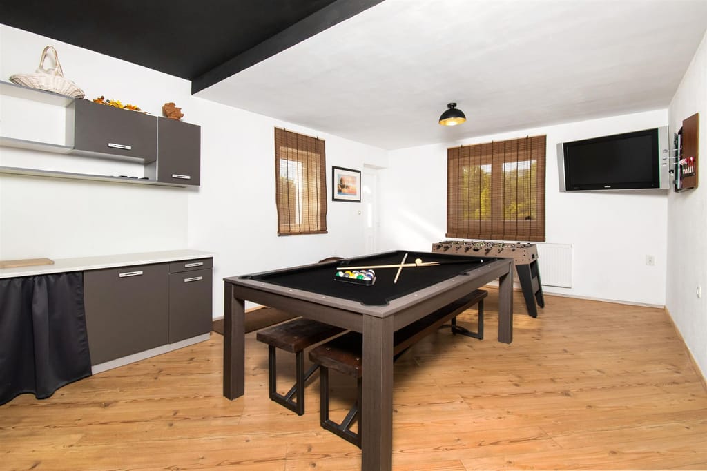 Games salon with a billiard table, a kitchenette and a TV